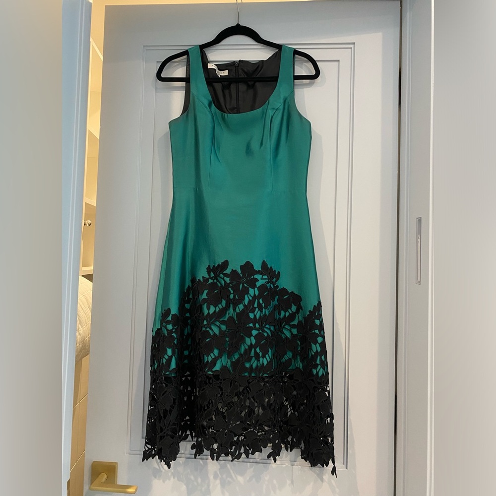Kay Unger Teal and Black Lace Midi Dress